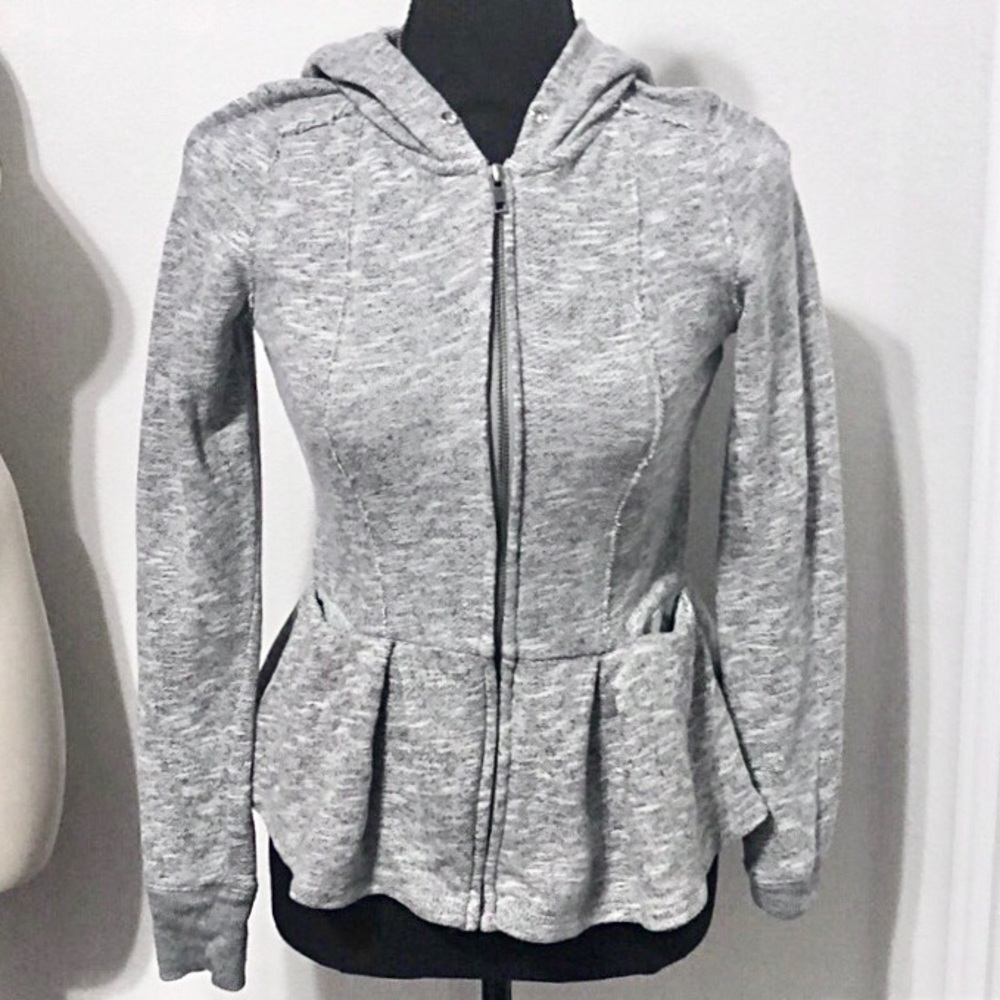 ANTHROPOLOGIE/SATURDAY SUNDAY Grey/White Peplum Full Zip Hooded Sweatshirt XS